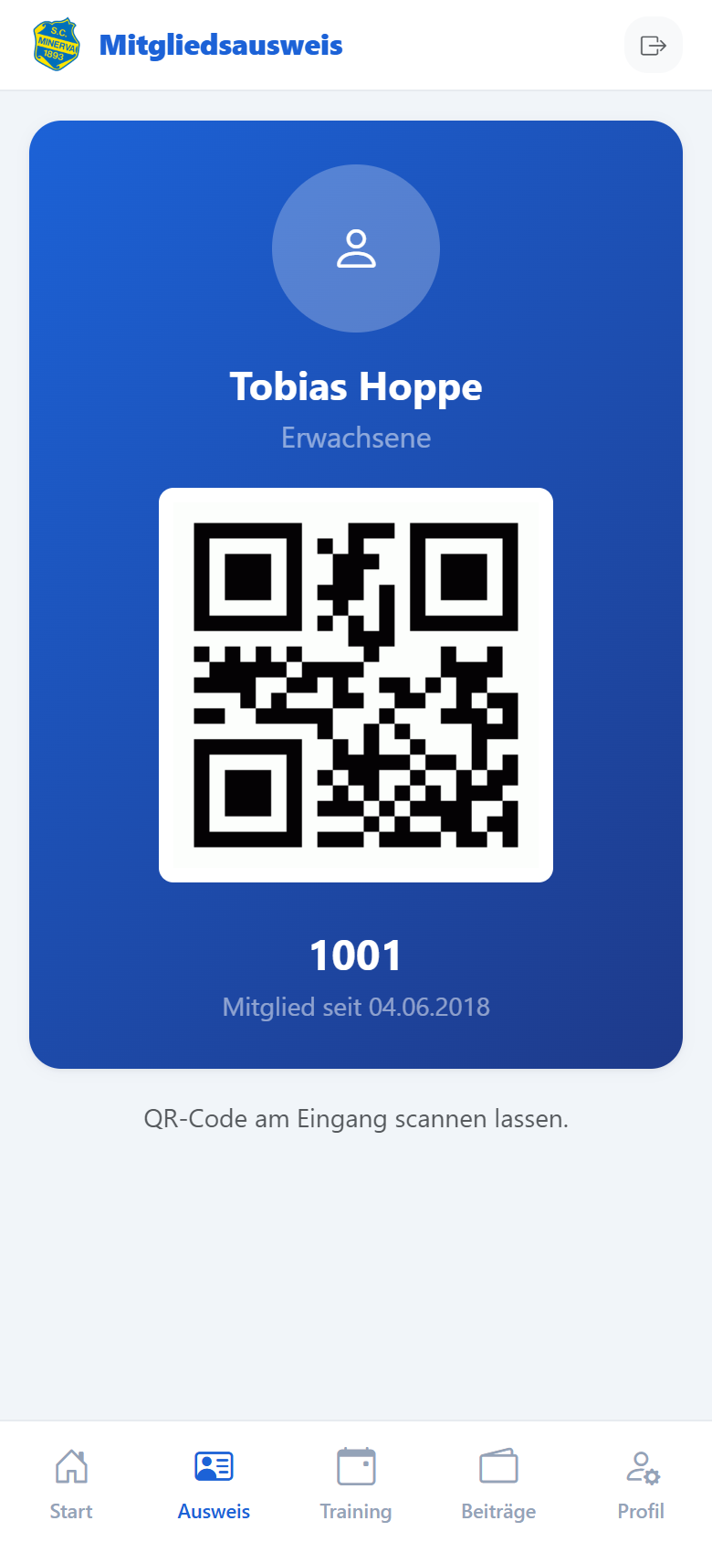 Digitaler Mitgliedsausweis mit Foto, Name, Kategorie und QR-Code