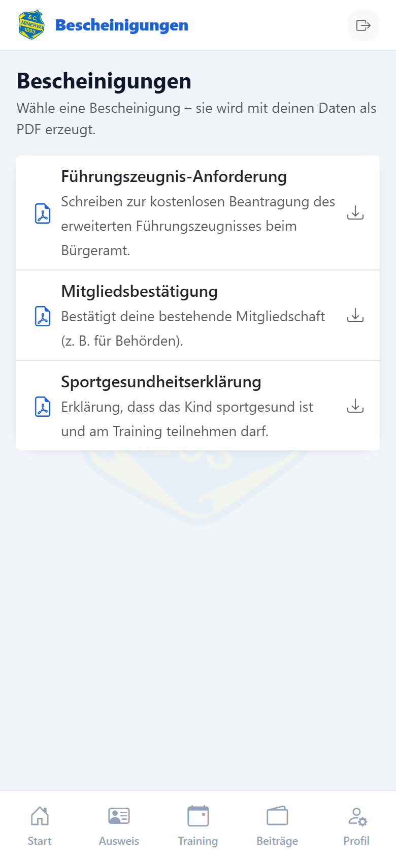 Liste verfügbarer Bescheinigungen zum Herunterladen als PDF