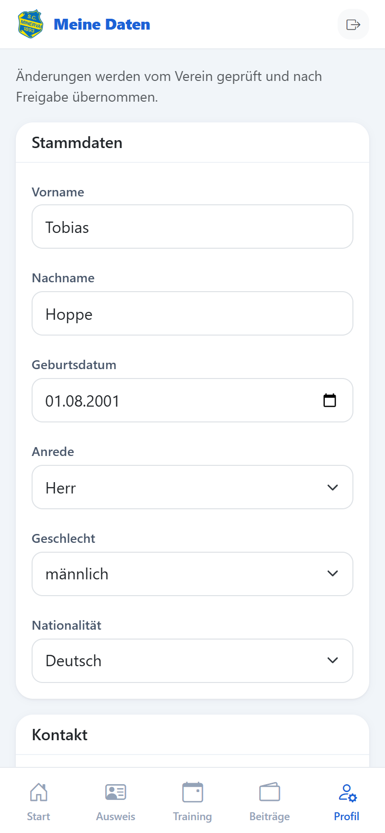 Profil-Formular mit Stammdaten, Kontakt, Adresse und Bankverbindung