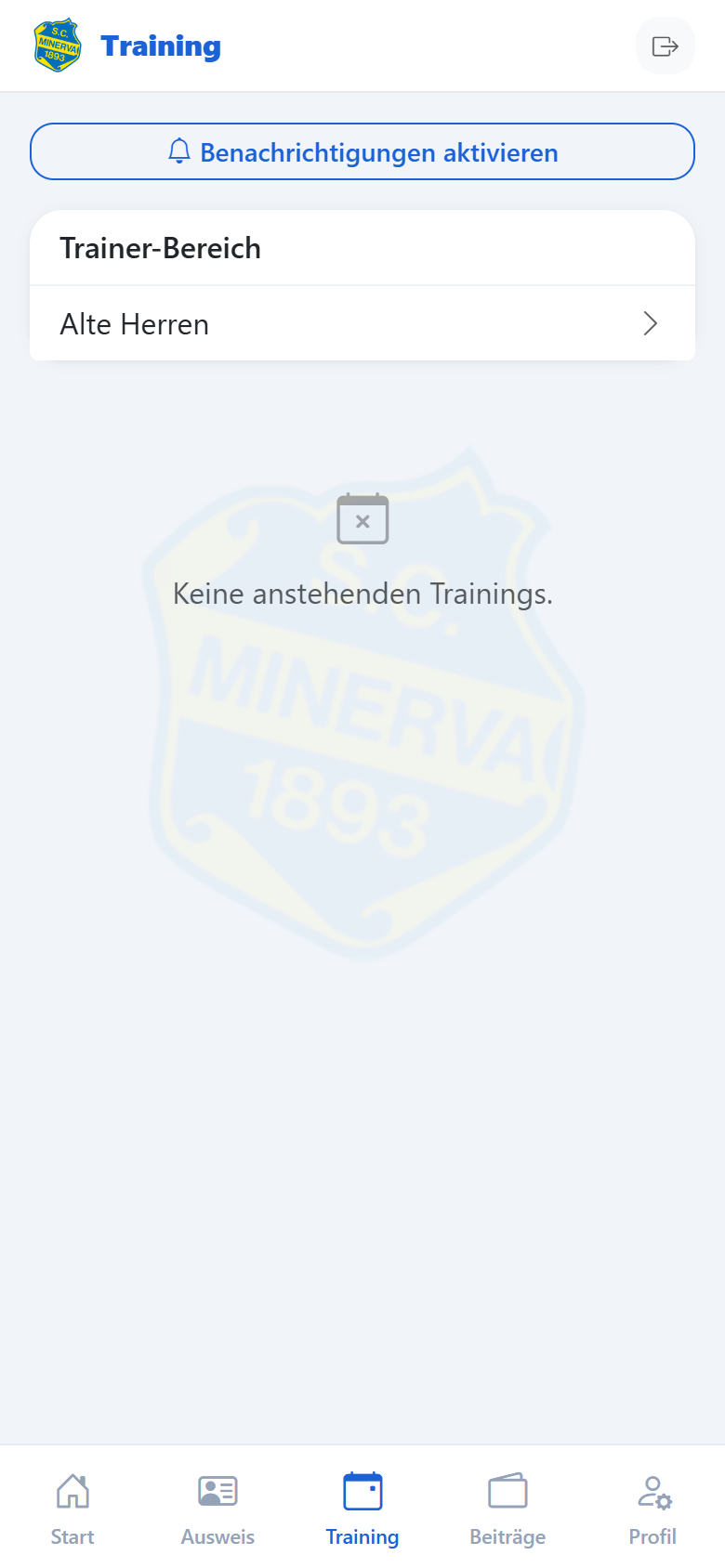 Trainer-Bereich einer Mannschaft mit Team-QR und Terminen