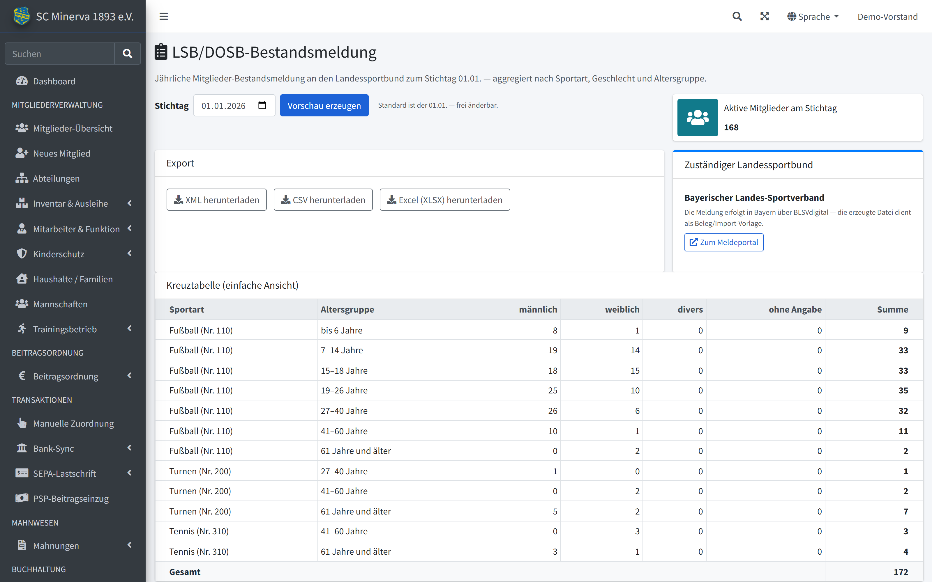 Bestandsmeldung mit LSB-Karte, Kreuztabelle und Export-Schaltflächen