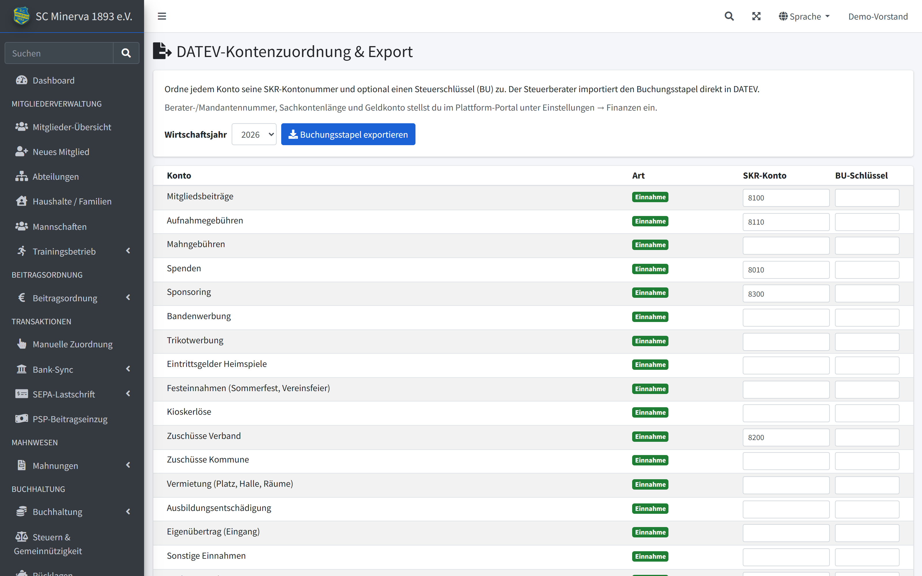 DATEV-Kontenzuordnung mit SKR-Nummern und Export des Buchungsstapels
