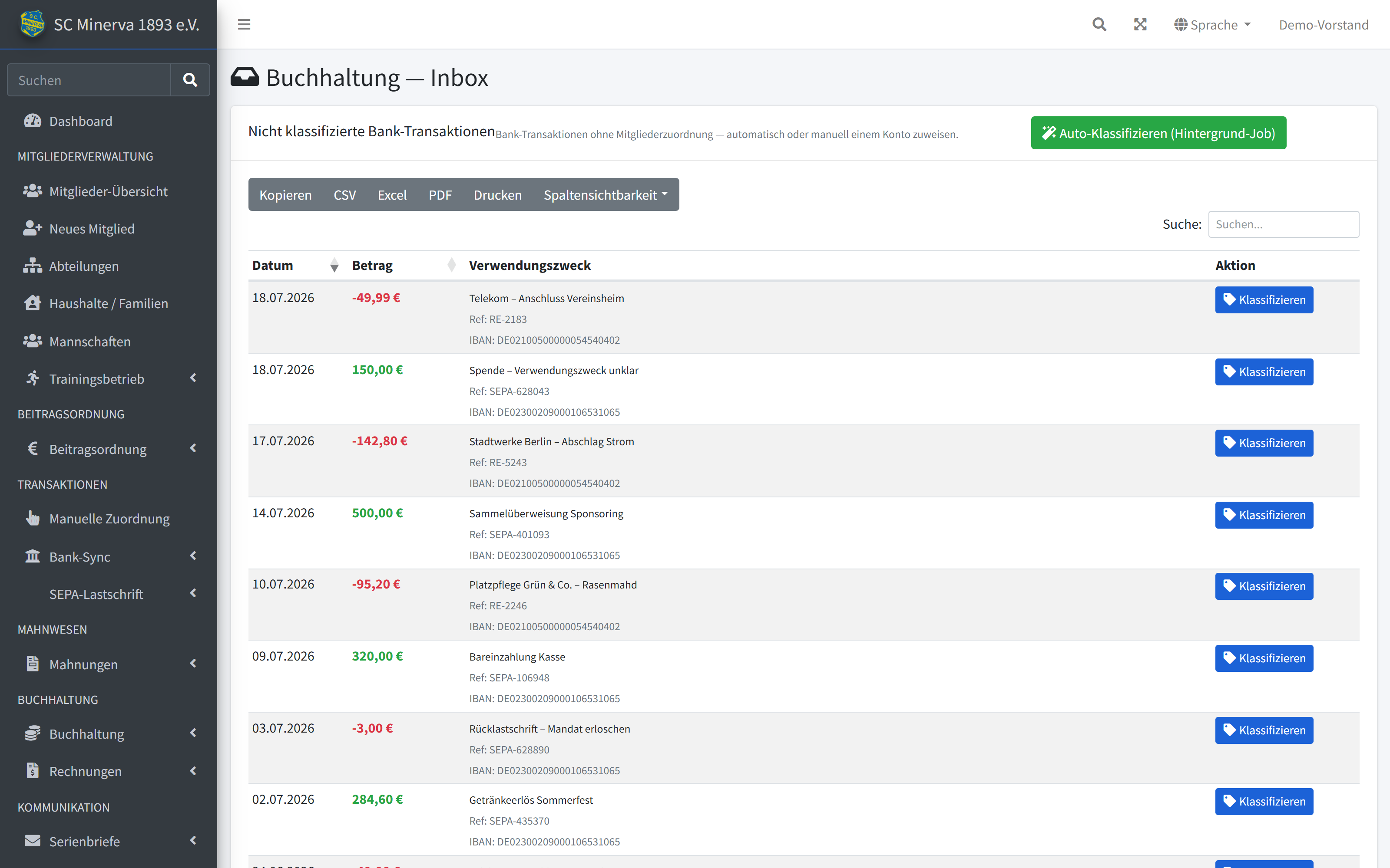 Inbox mit unklassifizierten Bankumsätzen