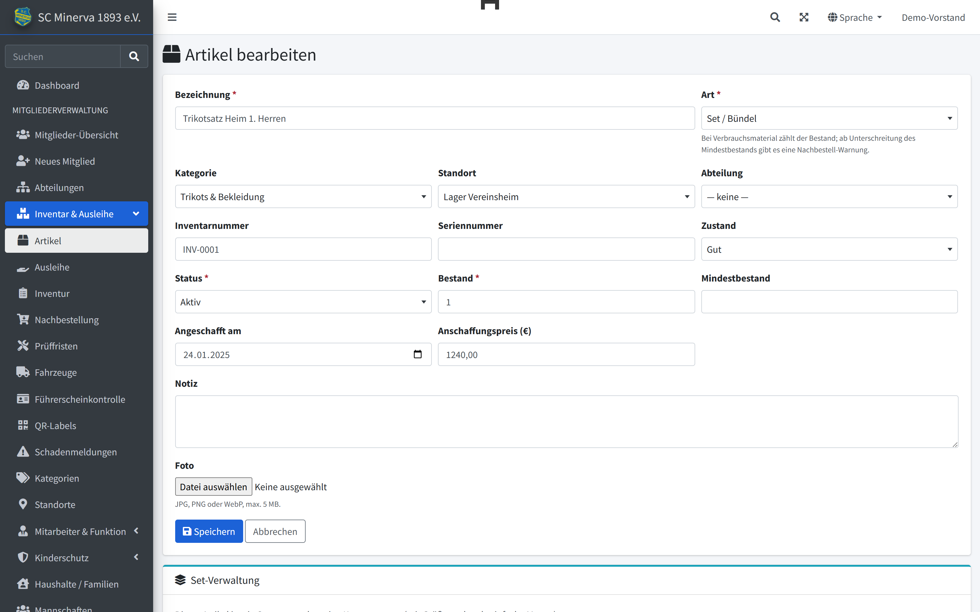 Formular zum Bearbeiten eines Inventar-Artikels mit Set-Verwaltung