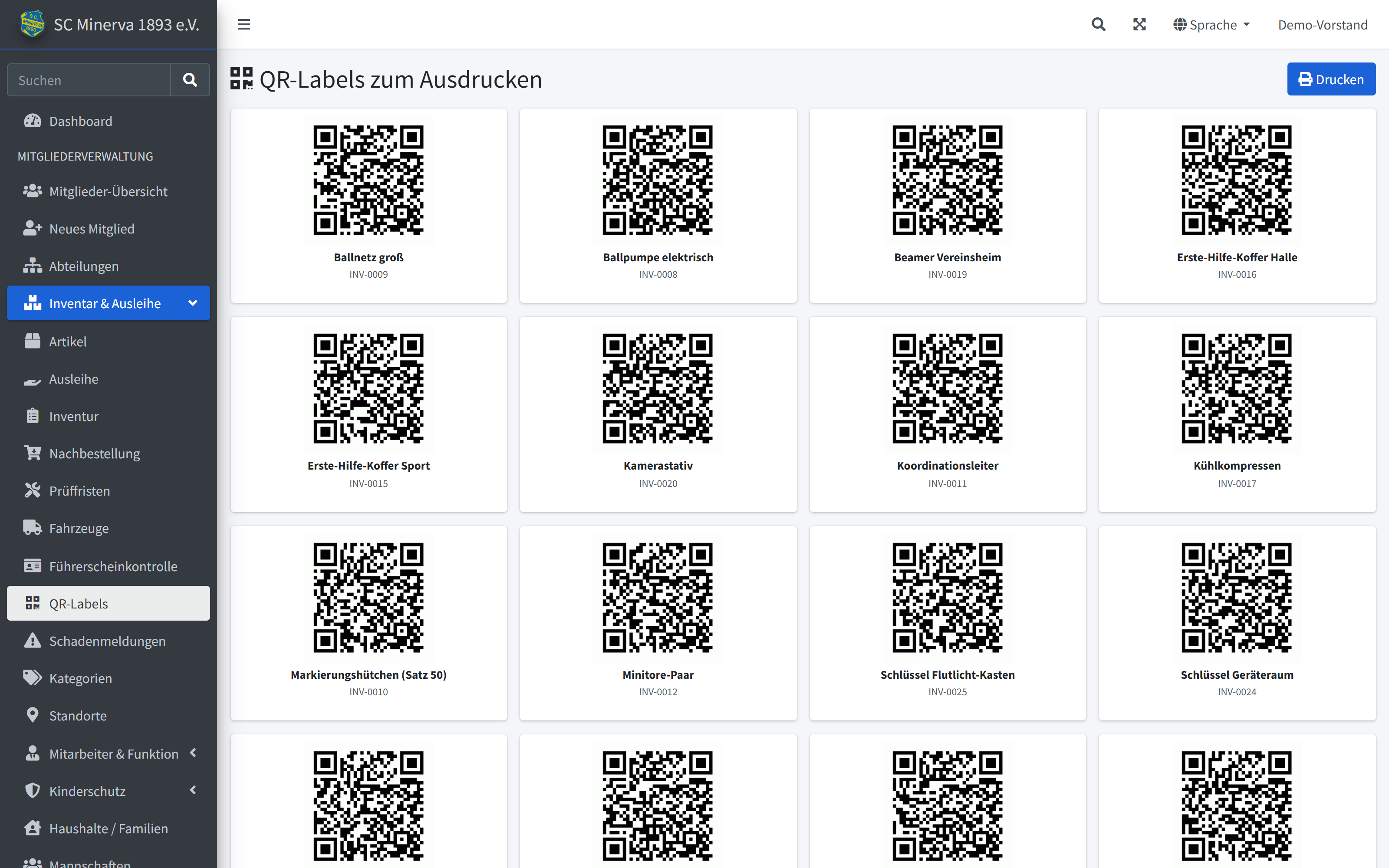 Druckbares Labelblatt mit QR-Code, Bezeichnung und Inventarnummer je Artikel
