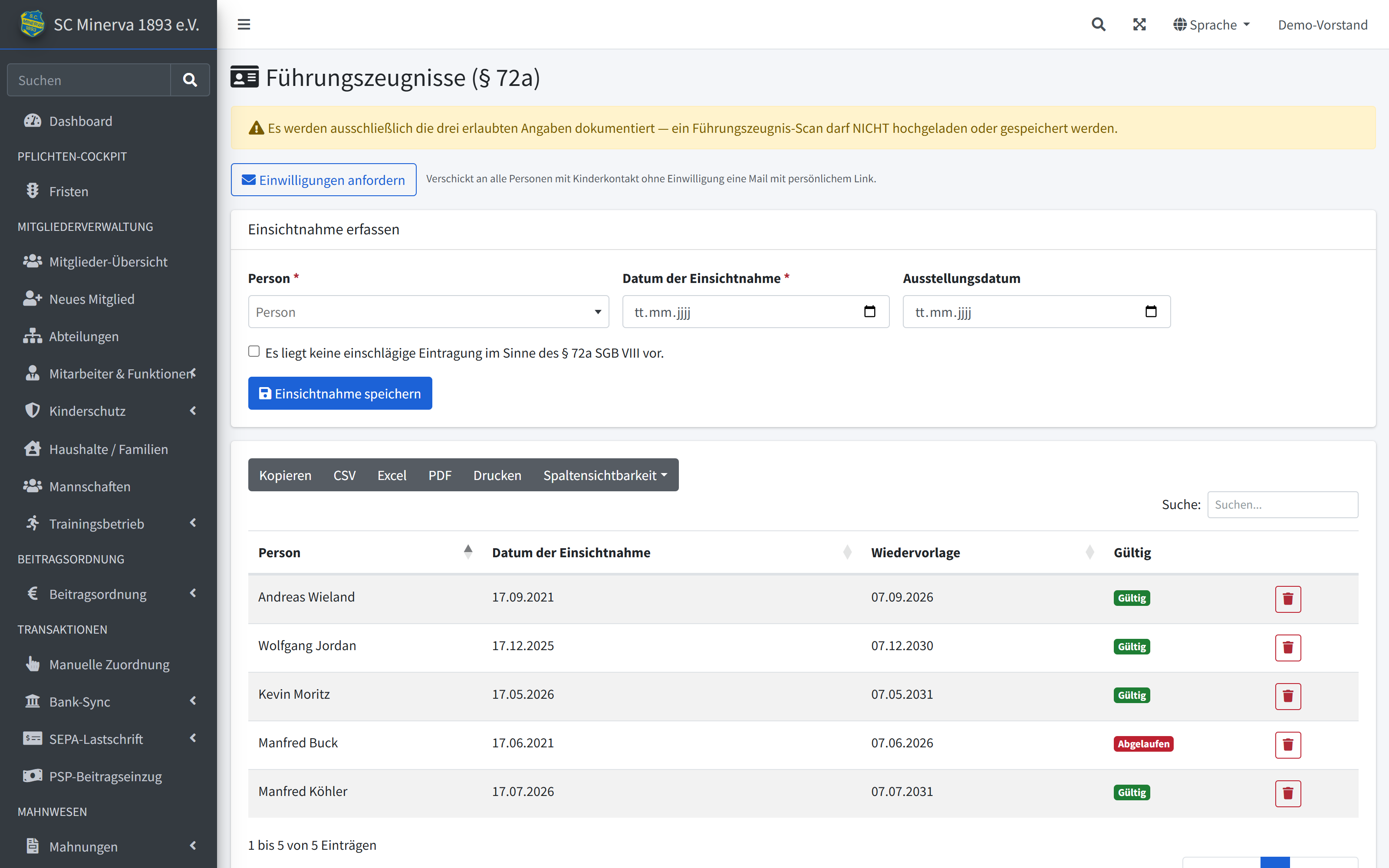 Führungszeugnis-Liste mit Einsichtnahme-Formular ohne Upload