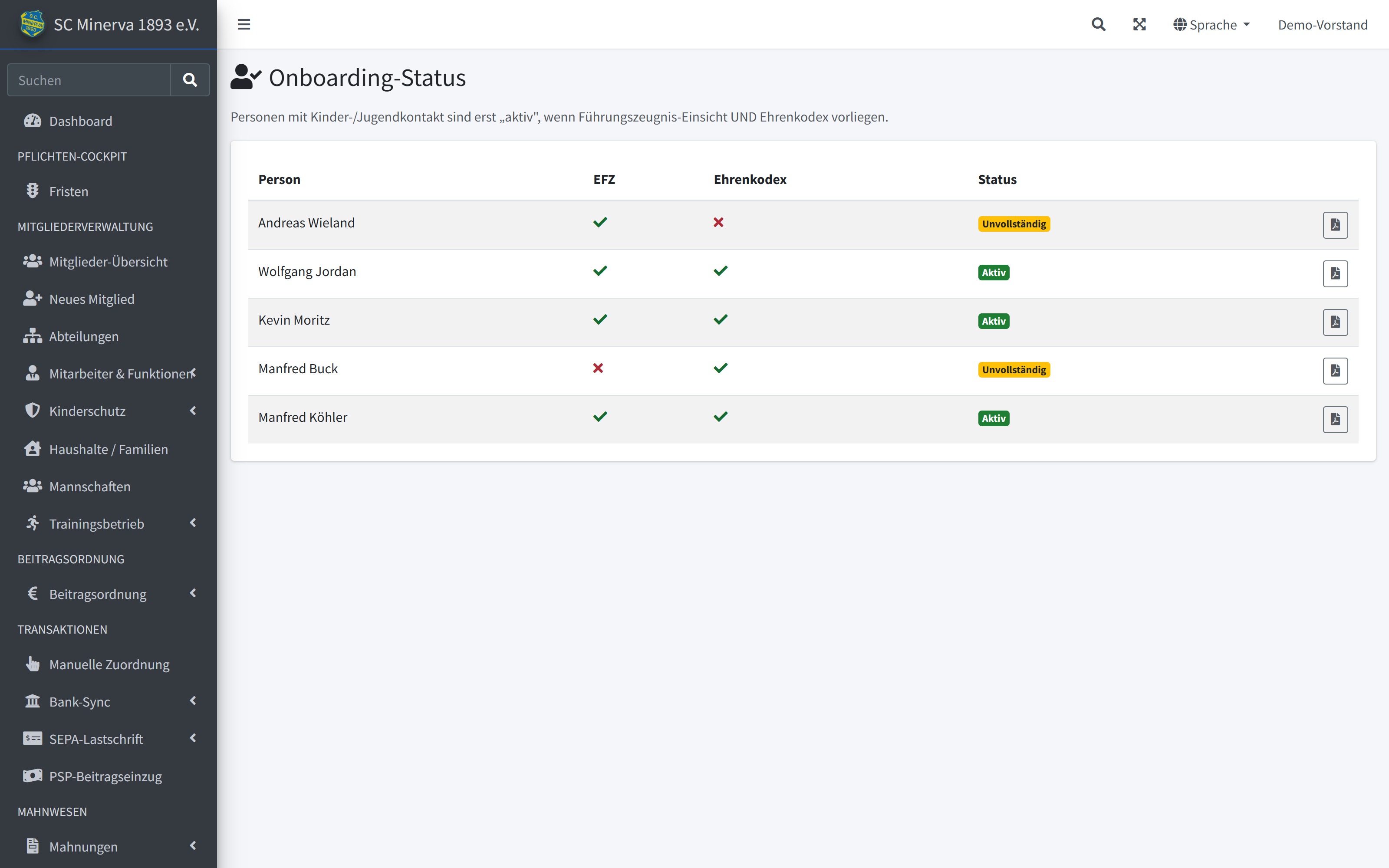 Onboarding-Status je Person mit EFZ und Ehrenkodex
