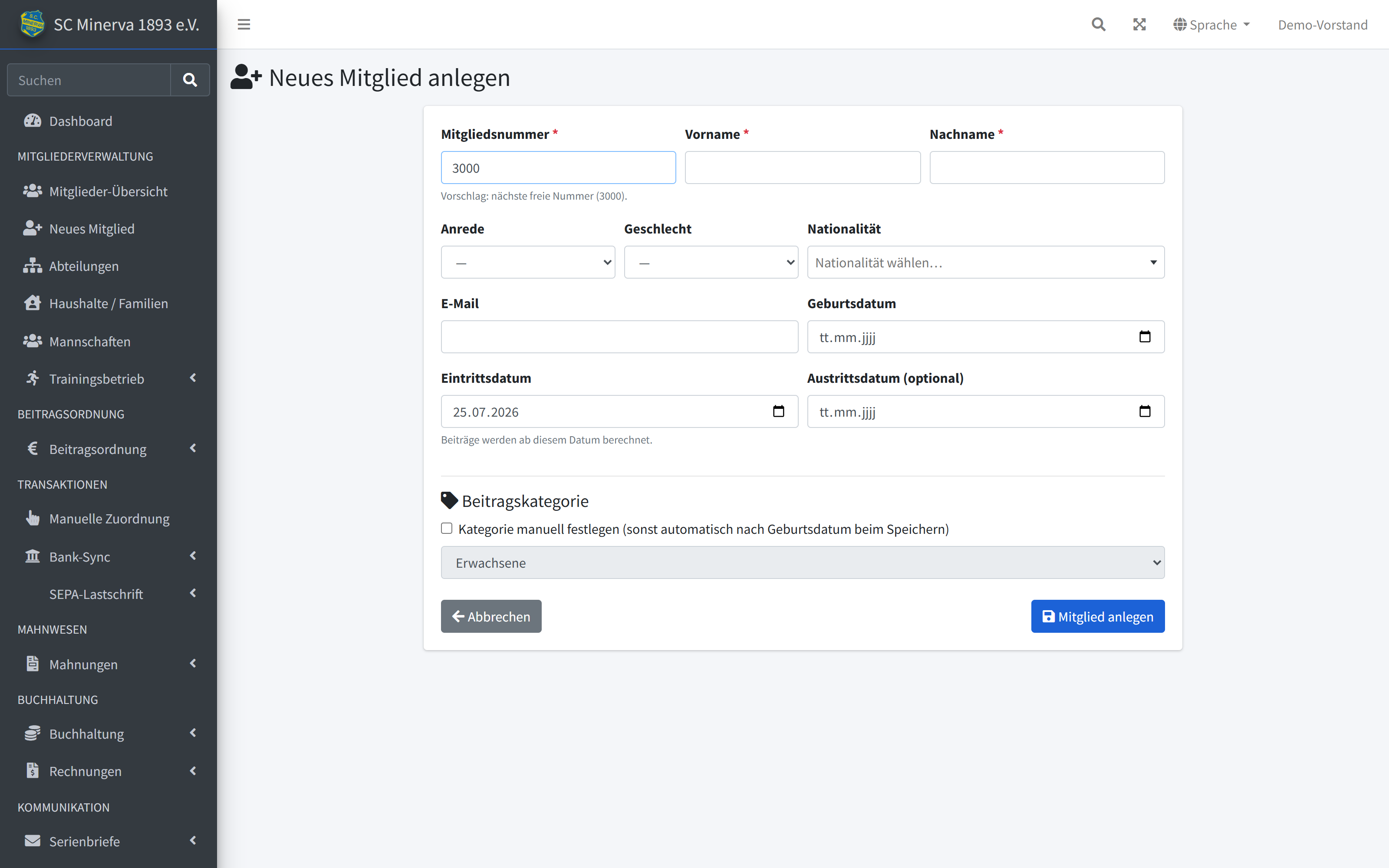 Formular zum Anlegen eines neuen Mitglieds