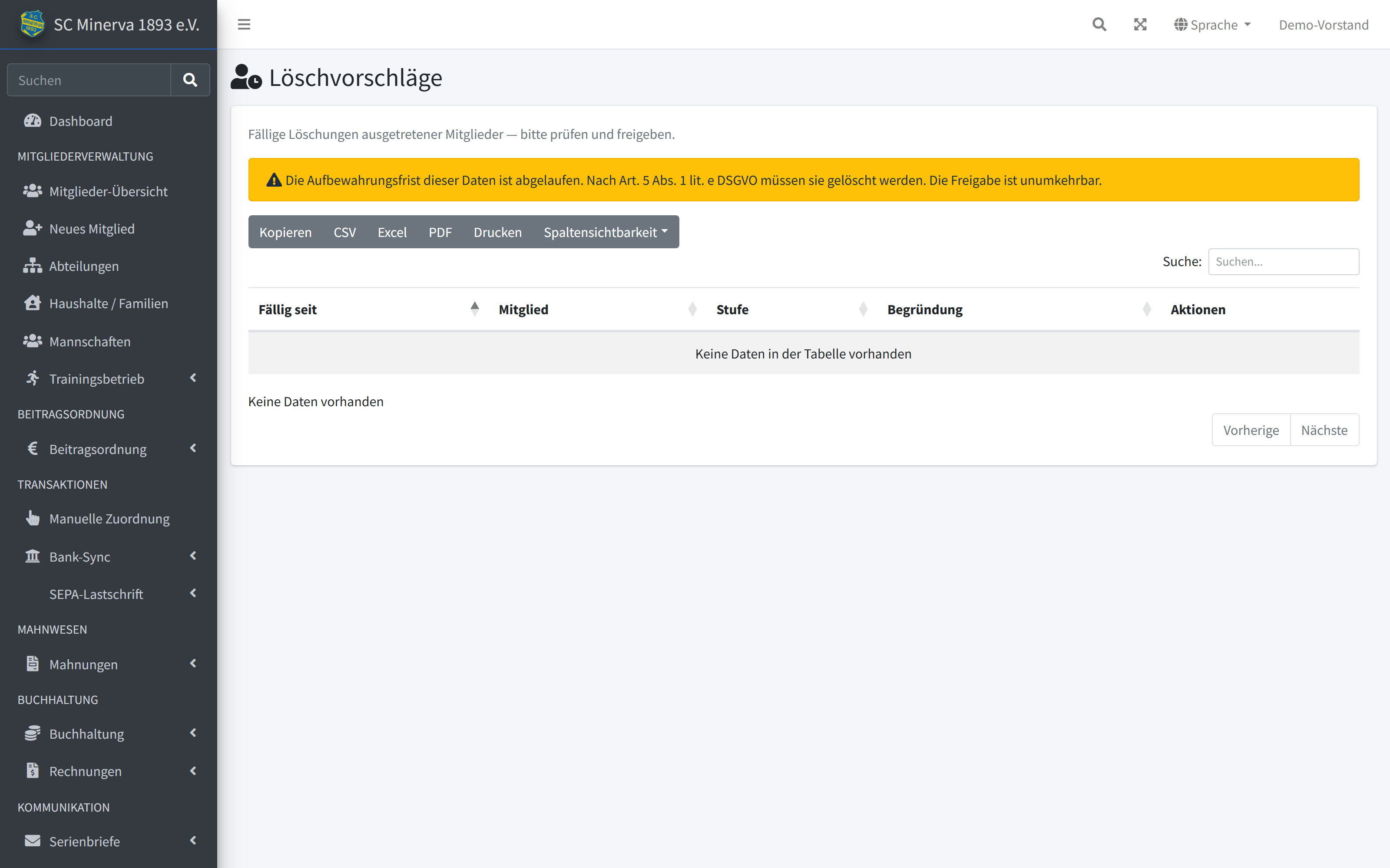 Liste der fälligen Löschvorschläge