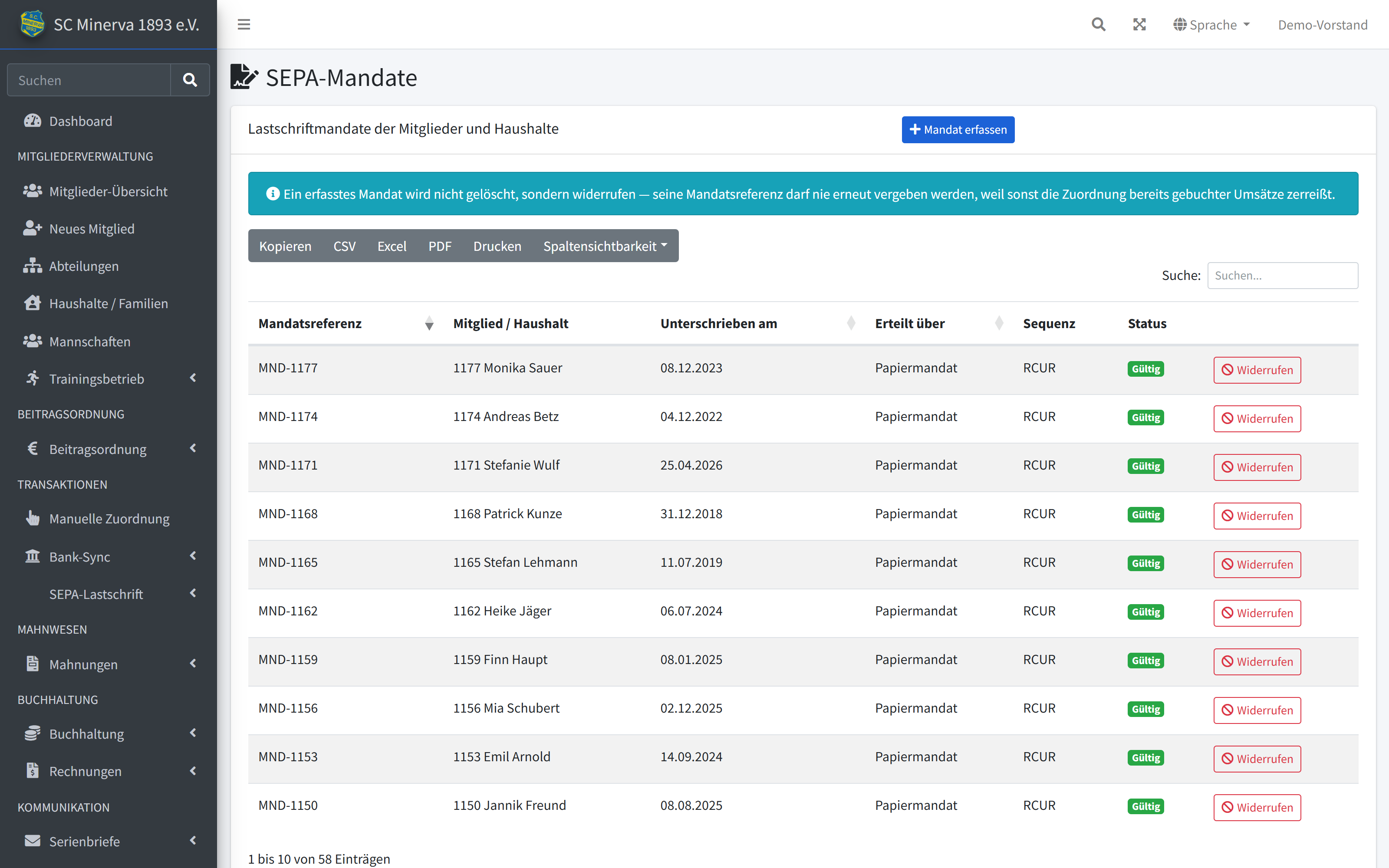 Liste der SEPA-Mandate